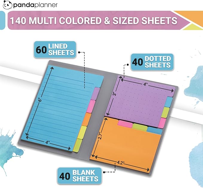 Panda Planner Sticky Notes Set – 140 Assorted Spring Colors with Tabbed, Dotted, Lined & Blank Notes – Colorful Adhesive Tabs for Home, Office & School Organization, Productivity & Planning