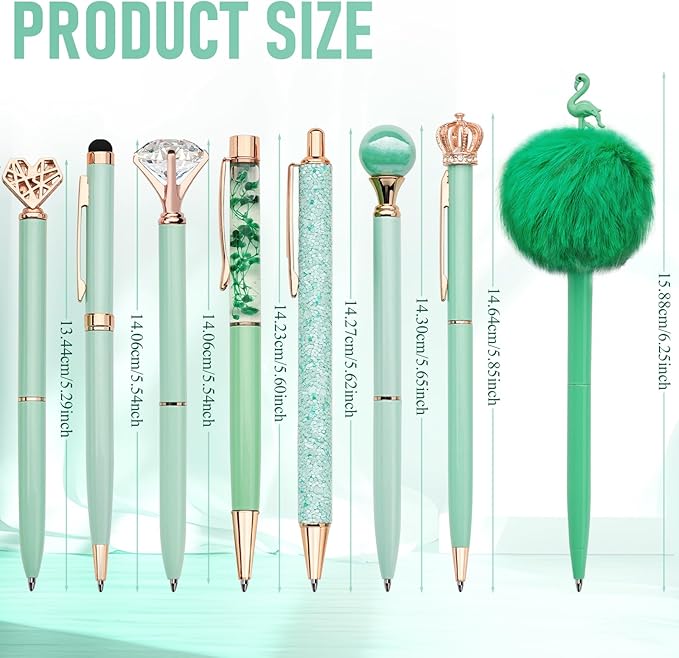 WEMATE 8Pcs Metal Crystal Diamond Ballpoint Pens Set - Glitter Green With Black & Blue Ink - Bling Fancy Gifts for Women, Wedding, School, Office Desk