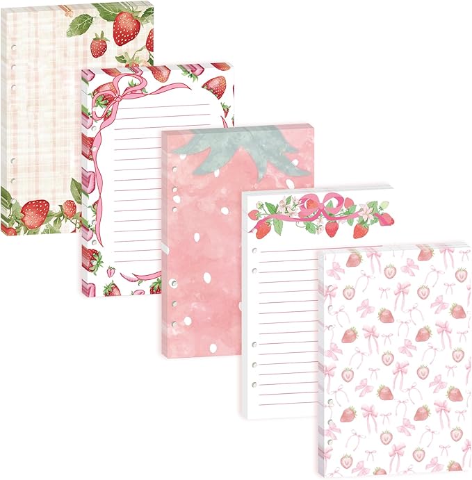 100 Sheets Strawberry A5 Refills Papers for Planner Insert Binder, 120GSM Thick Watercolor Strawberry Pink Bow Notebook Fillers, Cute Fruit 6 Hole Loose Leaf Papers for A5 6 Ring Binder Journal Diary