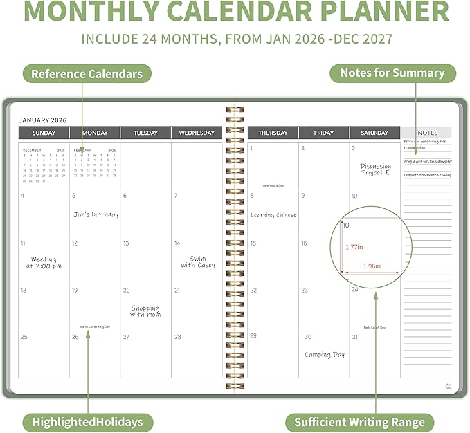 Monthly Planner 2026-2027, 2026 Calendar 24 Months Planner, Jan 2026 - Dec 2027, 8.6" x 11", Academic Calendar Hard PVC Cover with Spiral Bound, Perfect for School & Office for Women & Men