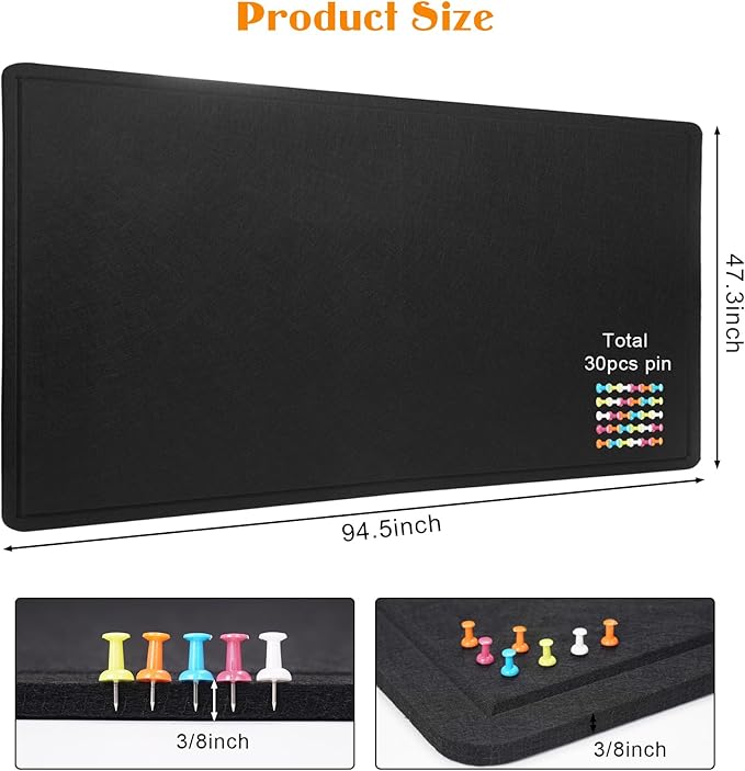 Extra Large Bulletin Board, 95 X 47 inches Cork Board with 30 Pushpin, 8' x 4' Felt Cork Board Notice Pin Board, Self-Adhesive Vision Board Mood Board Foldable Photo Board for Wall - Black
