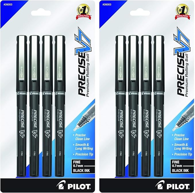 PILOT,Precise V7,Capped Liquid Ink Rollerball Pens,Fine Point 0.7 mm,Black Ink Pens,- Ideal for School,Journaling & Office Writing,4 Count (Pack of 2)