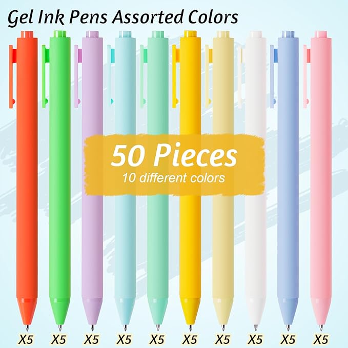 Crtiin 50 Pcs Gel Ink Pens Bulk, Black Ink 0.5mm Fine Point Retractable Pen Smooth Writing Office Supplies for Teacher Server Nurse Valentine Galentine Gift (Macaron)