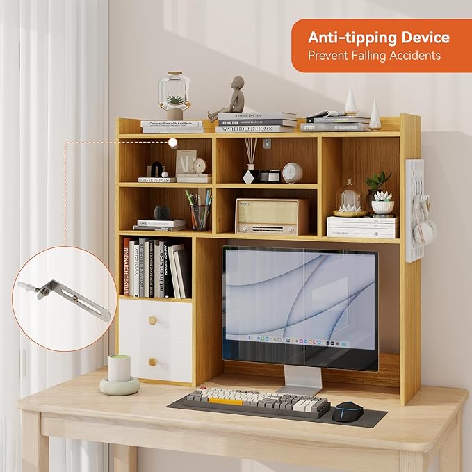 ELECWISH Desktop Bookshelf, Desk Shelf with 2 Drawers for Computer Desk, 36.22" 7-Tier Adjustable Desktop Hutch Organizer with Pegboard for Home Office, Oak