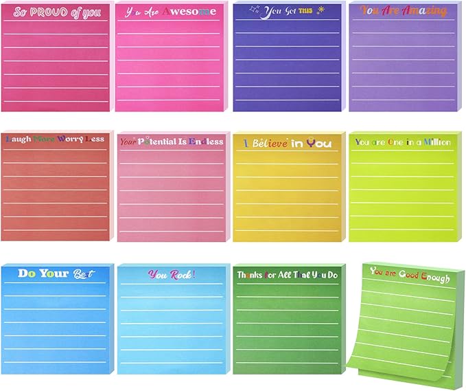 12 Pcs Inspirational Sticky Notes with Lines 3x3'' Motivational Sticky Notes Pad Thank You Gift Cute Employee Appreciation Sticky Notes for Teacher Coworkers Office Supplies Students (12 Color)