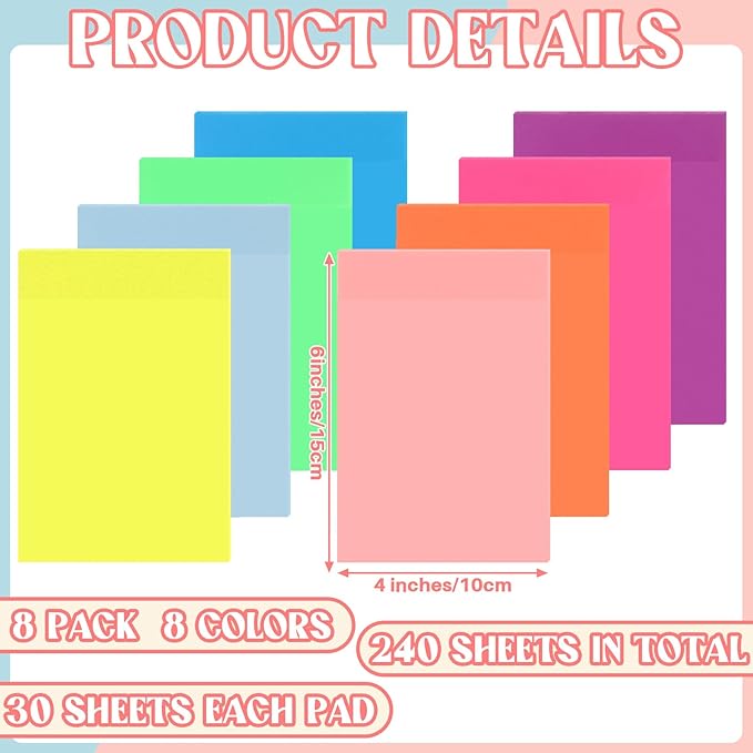 Yinder 4 x 6 Inch Transparent Sticky Notes Translucent Sticky Notes Waterproof Clear Self Memo Pad See Through Bible Journaling Accessories Office School Supplies, 8 Pack 240 Sheets(Bright)