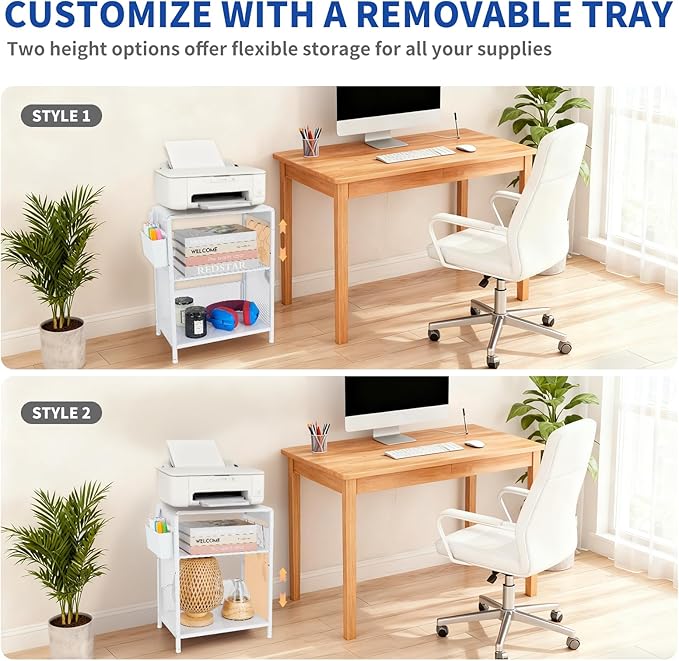 Small Under Desk Storage, White Printer Stand with Storage Shelf, 3-Tier Height Adjustable Printer Table with Basket & 3 Hooks for Home Office Fax Machine Scanner Files