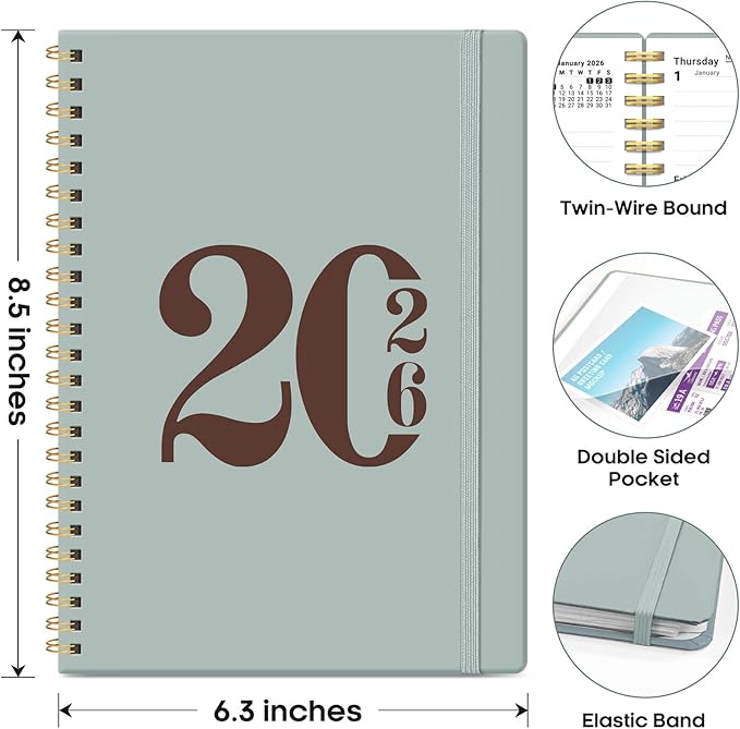 2026 Planner, Weekly and Monthly Calender Planner, Jan 2026 to Dec 2026, Hardcover 2026 Calendar Book with Tabs & Inner Pocket, Office Home School Supplies for Women & Men - A5 (6.3" x 8.5"), Dusty Blue