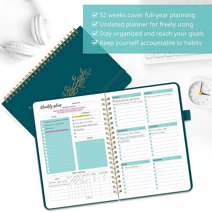 Undated Weekly Planner, Weekly To Do List Notebook with Goal & Habit Tracker Organizer, A5 Weekly Planner Notebook with Spiral Binding, 6.1" x 8.2" - Pine Emerald