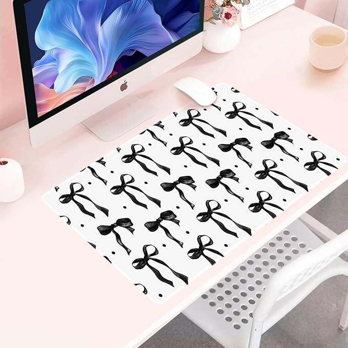 Black Bow Mouse Pad Large, Desk Mat Black and White Desk Computer Mat, Non-Slip Rubber Base Gaming Mousepad Keyboard Mat Laptop Pad, Desktop Mat Bows Office Accessories Desk Decor 23.6 x 11.8in