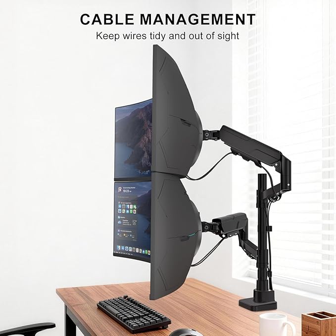 WALI Vertical Dual Monitor Stand for 17-49” Ultrawide Curved Screens, Heavy Duty Stacked Dual Monitor Mount with Tall Pole, Adjustable Gas Spring Monitor Arm up to 33lbs, 75/100mm VESA, Black