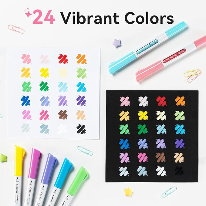 Ohuhu Acrylic Paint Markers Dual Tips: 24 Colors Brush & Bullet Automatic Ink Control Acrylic Markers High Opacity Paint Pens Waterproof for Rock Painting 3D Prints Egg Wood DIY Craft - Waimoku