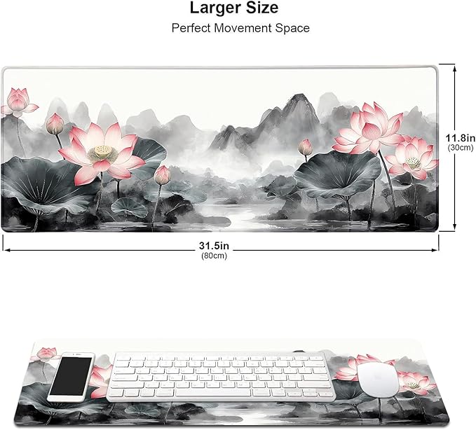 Vintage Lotus Mountain Japanese Large Mouse Pad, Desk Mat Computer Keyboard Pad Non-Slip Rubber Base Waterproof with Stitched Edges for Laptop Gaming, Office & Home 31.5 x 11.8 Inch