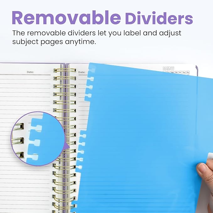 Hardcover Spiral Journal Notebooks for Work With Removable Dividers & Tabs, 8.5"x11" 5 Subject Notebook for Note Taking & Organizer, A4 College Ruled Lined Journal for Women & Writing, Lilac Purple, 280 Pages