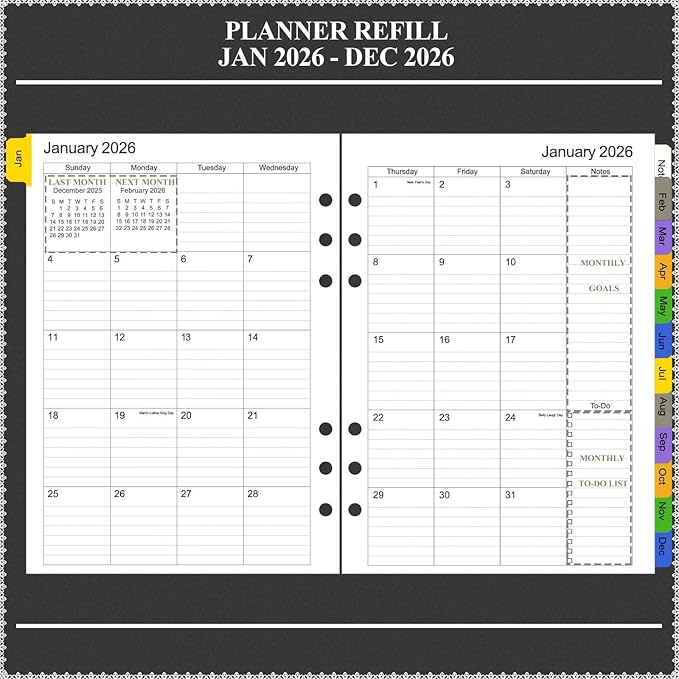 Tiankool 2026 Planner Refill for A5 6-Ring Binder,Weekly & Monthly Planner Inserts Runs from Jan 2026 to Dec 2026, 5-3/4" x 8-1/4"