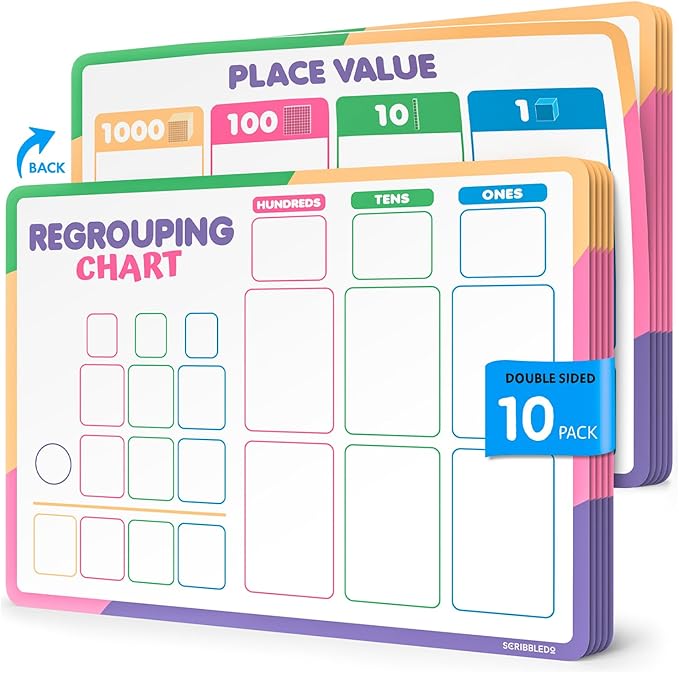 Scribbledo Place Value Chart & Regrouping Dry Erase Sheets Base Ten, Addition & Subtraction Math Practice for Kids, Classroom Supplies, Double Sided 10 Pack