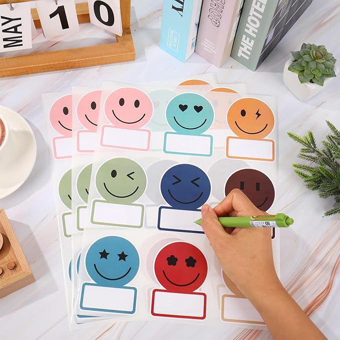 Whaline 135 Pcs Boho Smile Face Name Tags Dark Color 9 Design Nameplate Sticker Classroom Bulletin Board Label Decals for Back to School Desk Wall Message Board