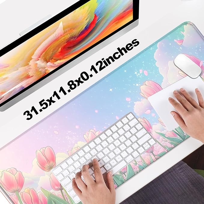 Pink Flower Tulips Gaming Desk Mat, Computer Keyboard Large Extended Long Floral Mouse Pad for Office and Home, XL (W30)