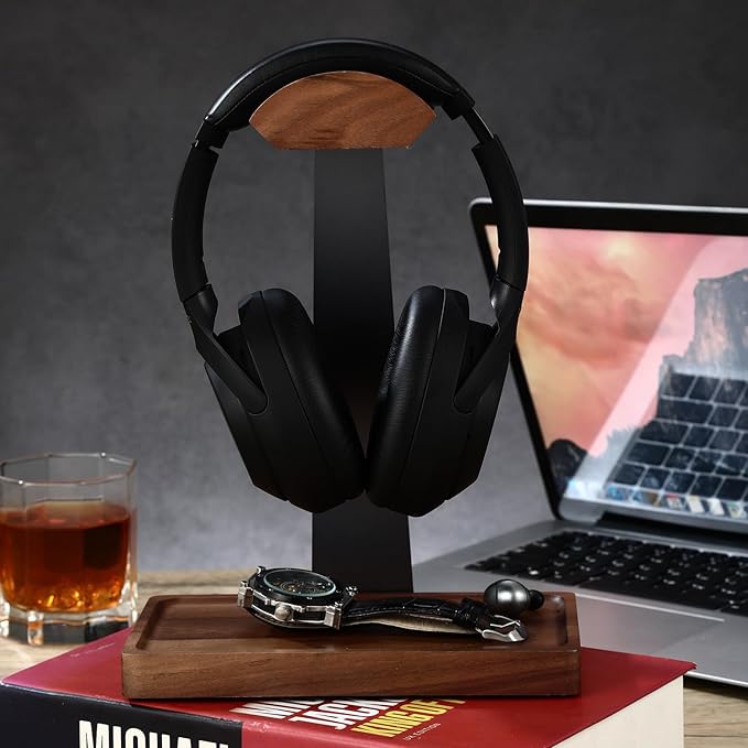 Walnut Headphone Stand, Wood Headset Stand for Desk, Gaming Headphone Holder with Storage Base Compatible with Airpod max, Bose, Razer, Sennheiser, Jabra, JBL, AKG, Grey