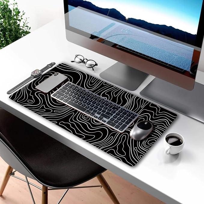 Black Topographic Large Gaming Mouse Pad Extended XXL(900 * 400 * 3MM) Mouse Mat Long Desk Pad with Stitched Edges for Keyboard Home Office Gaming Work Big Desk Mat