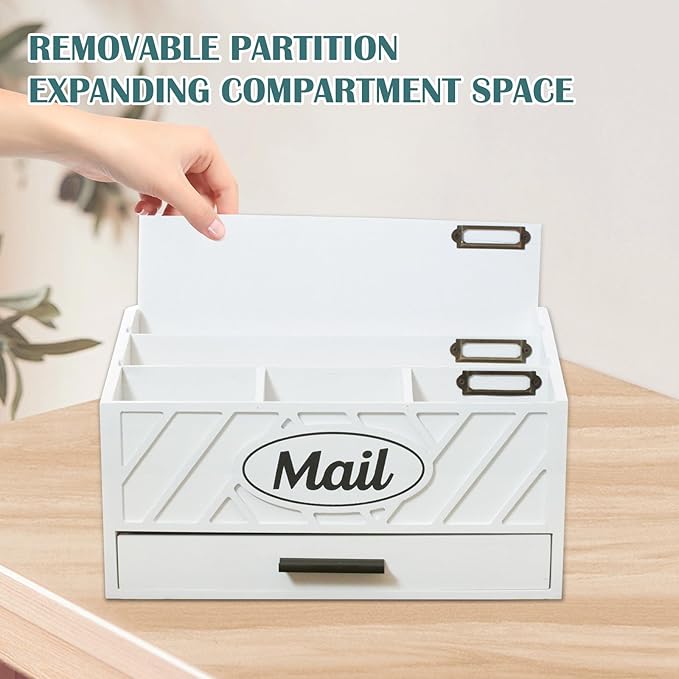 Wood Desktop Mail Organizer, Mail Organizer Countertop with 6 Compartments and Drawer, Wood Mail Holder Office Accessories for File Letter Paper Folder, White