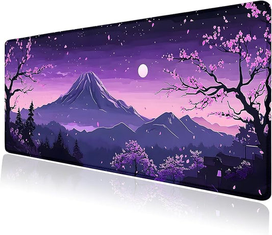 Purple Japanese Mountains Large Mouse Pad, Desk Mat Computer Keyboard Pad Non-Slip Rubber Base Waterproof with Stitched Edges for Laptop Gaming, Office & Home 31.5 x 11.8 Inch (XL-24)