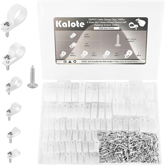 292PCS Cable Clamps, Cable Clips for Management Cord Organizer, 6 Sizes-3/16'' 1/4'' 3/8'' 1/2'' 3/4'' 1'' White PA66 Nylon R-Type Plastic Screw Mounting Cord Clamp Assortment Kit with M4 Screws