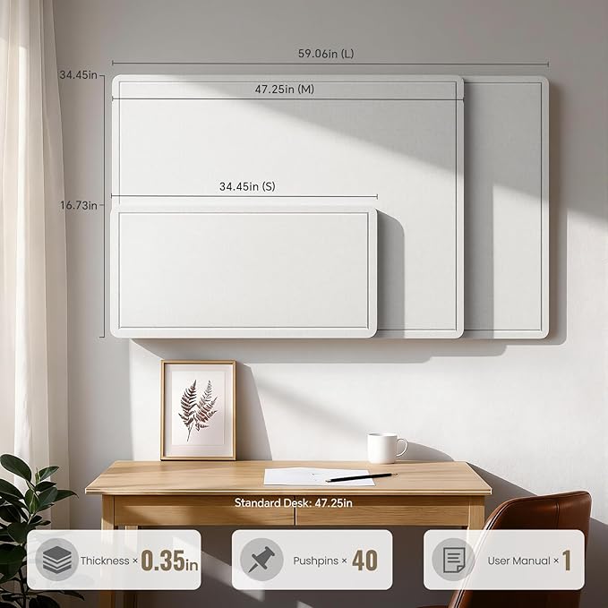 Large Bulletin Board, 60 X 35 Inches Felt Cork Board with 40 Pushpins, Foldable Felt Notice Pin Board Photo Display Board with Self-Adhesive Tape for Office Home School (White, 60x35 inch)