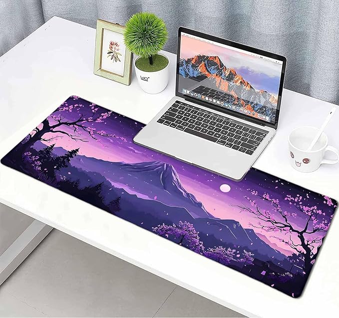 Purple Japanese Mountains Large Mouse Pad, Desk Mat Computer Keyboard Pad Non-Slip Rubber Base Waterproof with Stitched Edges for Laptop Gaming, Office & Home 31.5 x 11.8 Inch (XL-24)