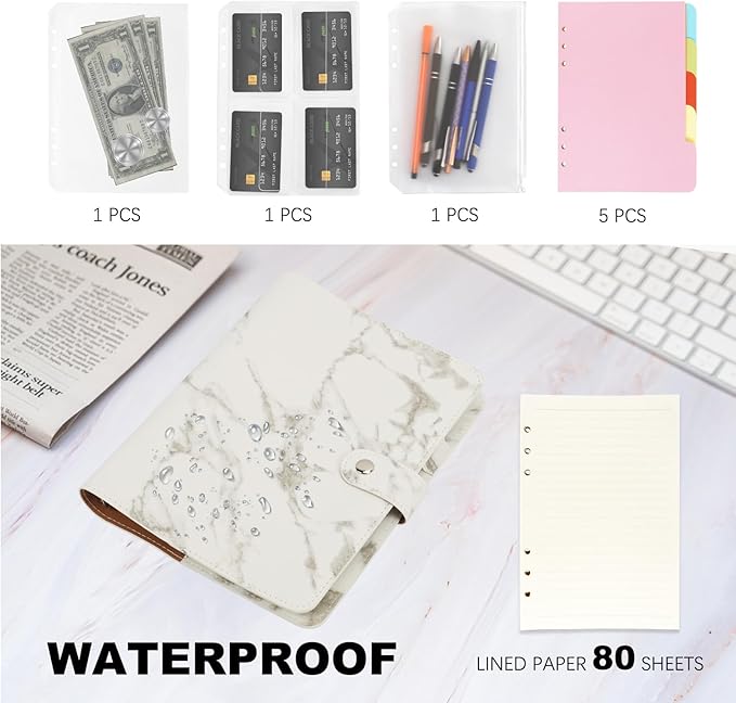 FYY A5 Binder Refillable Planner Notebook 6 Ring PU Leather Binder Journal with Pockets, Dividers, Refill Paper Marble White