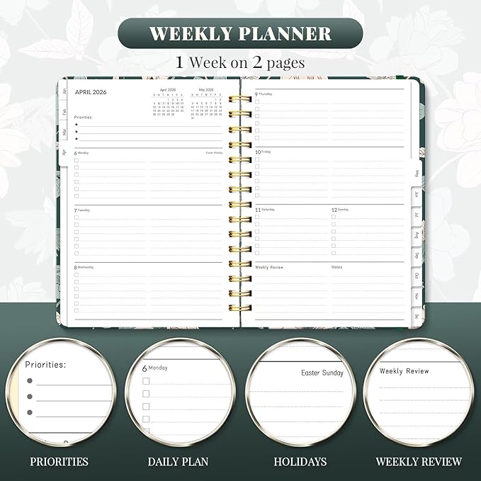2026 Planner, A5 Weekly and Monthly Planners with Tabs, Spiral Bound Daily Calendar 2026 Planner, Agenda Organizers from Jan. to Dec., Hardcover Habit Tracker Journal 6.18" x 8.5" (Green Flower)
