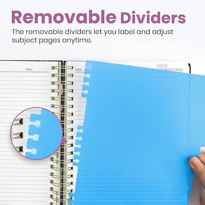 Large Spiral Lined Notebooks for Work with Removable Dividers & Tabs, 8.5"x11" Pretty Hardcover 5 Subject Notebook Journal for Women, College Ruled, Perfect for Study & Office Organization, 280 Pages, Wild Bloom