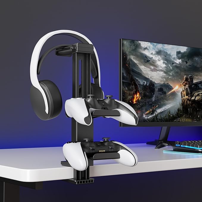 Headphone Stand & Under Desk Controller Holder with Adjustable Clamp, Controller Stand & Headset hanger for Desk Mount with 360° Rotating Hook & Cable Organizer 3-in-1 Game Organizer, PC Game Headsets