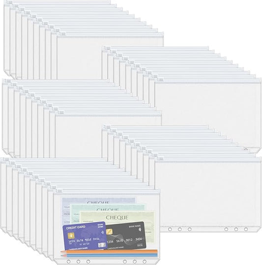 Antner 50pcs A5 Binder Pockets 6-Hole Budget Planner Inserts Cash Stuffing Envelopes for Money Organizer, White Zipper Pouch Folders Waterproof PVC Loose Leaf Filling Bags for A5 6-Ring Savings Binder