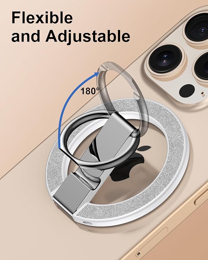 AILKIN Magnetic Phone Stand with Ring Holder for iPhone 17 Pro Max, MagSafe Finger Ring Magnet Grip, Adjustable Kickstand Loop for Phone Case, iPhone Stand Grip, Samsung Holder Kickstand-Silver Bling