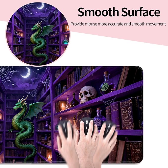 Fantasy Magic Bookshelf and Dragon XL Large Desk Mat, Extended Long Desk Pad for Gaming and Office, Non-Slip Rubber Base, Comfortable Surface Mouse Pad, 31.5x11.8 in (H26)