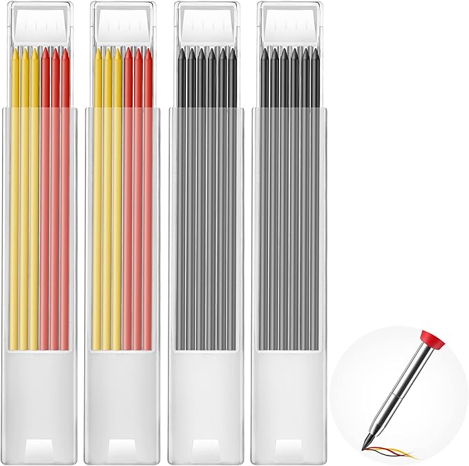 Hiboom 24 Pieces 2.8mm HB Refill for Carpenter Pencil, Study Long Lasting Pencil for Mechanical Woodworking Construction(24 Piece,Gray,Yellow,Red)