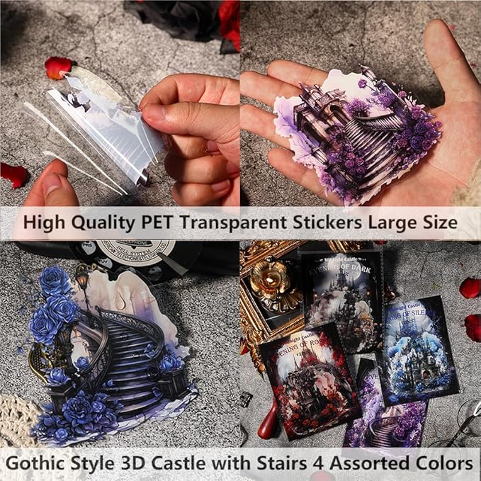 Vintage Dark Aesthetic Goth Scrapbook Supplies Stickers, Waterproof PET Transparent Sticker Stairways with Gothic Flowers Castle Backgrounds for Junk Journaling, Bujo, Planner Decorative