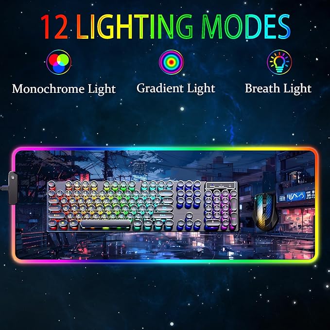 RGB Gaming Mouse Pad, Large Mousepad with Led Light, Gaming Accessories Keyboard Pad for Desk, Non-Slip Rubber Base Big Mouse Mat for Gamer, 31.5 X 11.8 Inch, Japanese Streets