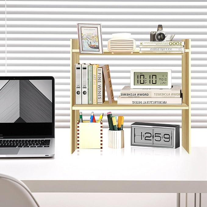 2 Pack Small Shelf for Desk - Desktop Organizer Shelf, Over Desk Storage, 2 Tier Desktop Bookshelf for Office Table Top Organizer, Wood
