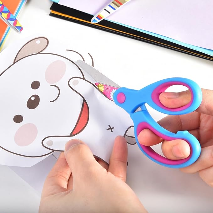 Kids Scissors Set, Safety Children Scissors with Blunt-Tip Floral Print Blade and Soft Grip, Great for DIY, Arts, Home, School Classroom Use, Blue/Purple/Yellow