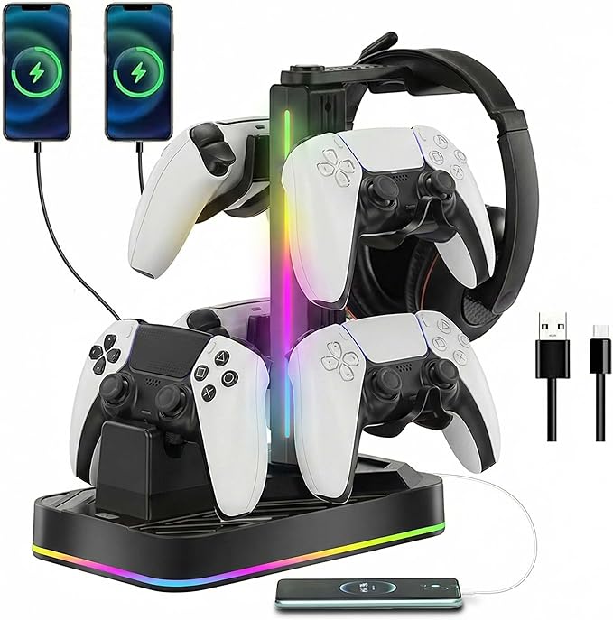 PS5 Controller Charger with Headphone Stand, RGB PS5 Controller Charging Station Dock with 3 USB Ports, Headset and Controllers Holder Stand for PlayStation 5 & DualSense Edge Controllers