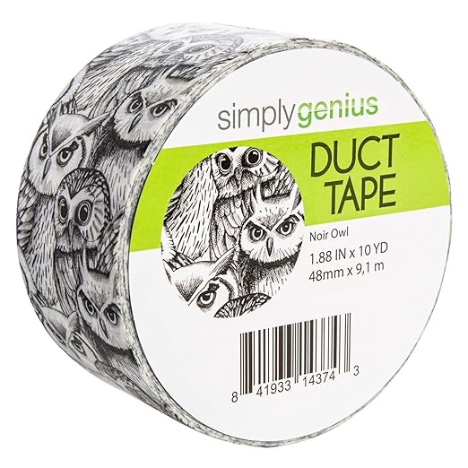 Simply Genius Duct Tape Roll - 1.88 in x 10 Yd, Noir Owl Pattern, 1 Pack - Colored & Checkered Strong Tape for Crafts & Repairs