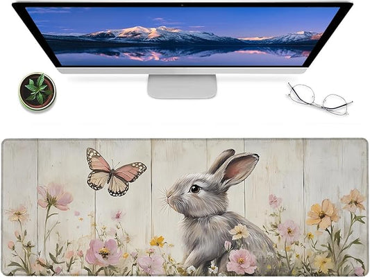 Floral Bunny Gaming Mouse Pad – 12x31.5in Large Extended Desk Mat with Cute Rabbit and Butterfly Design – Non-Slip Rubber Mousepad for Office Home – Deskmat Gifts for Animal Lovers Decor
