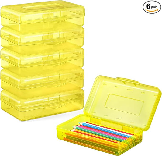 Sooez Plastic Pencil Case Box 6 Pack, Colored Large Craft Storage Bulk, Plastic Containers with Snap-tight Lids, Hobby Art School Supply Organizer, Marker Bead Pen Bins Organizer,Stackable