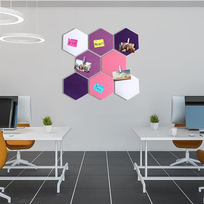 8 Pcs 12" Large Hexagon Felt Cork Board Tiles Self Adhesive DIY Bulletin Board Pin for Office Home Wall Decor Stickers Memos Photos Display with 10 Multi-Color Clip Drawing Pins(Pink)
