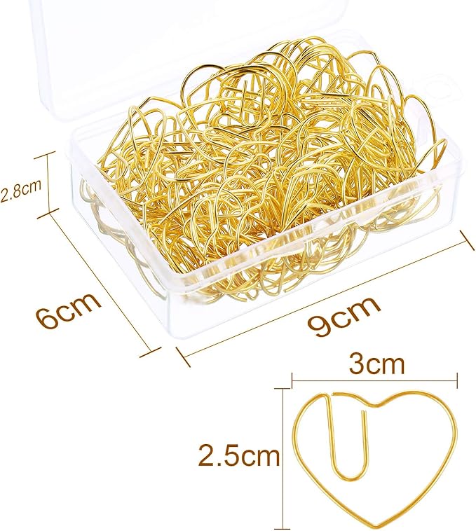 Jetec 100 Pcs Mini Paper Clips Small Cute Fancy Shaped Stainless Steel Metal Bookmarks Bulk for Office Stationery School Supplies Document Note Sorting Wedding Decoration(Heart Shaped,Gold)