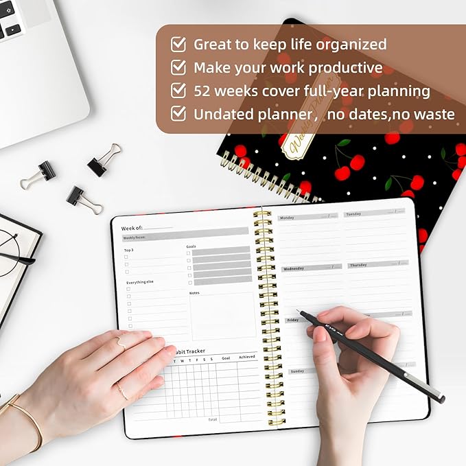 Weekly Planner Undated - 52 Weeks To Do List Notebook A5 for Work: Weekly Task, Habit Tracker Journal, Goal Setting, Agenda Sprial Bound Organizer Book for Women Cute Stylish Design, Cherry