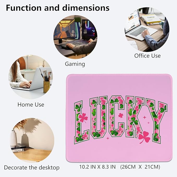 Cute St Patricks Day Mouse Pad,Pink Shamrock Mouse Pad,Shenanigans Lucky Desk Mat, Lucky Clover Pattern Desk Mat for Dorm Home Office Decor,St Patricks Day Gift,10.2x8.3 Inch