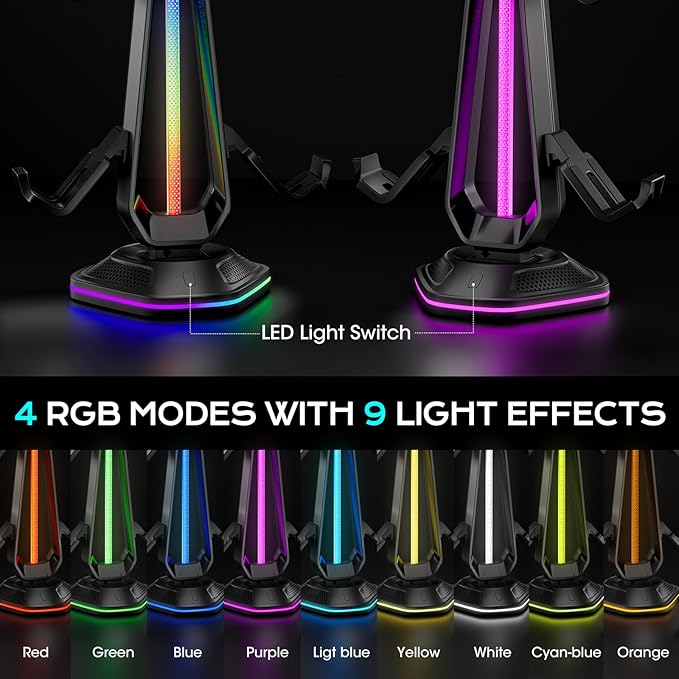 Saitake RGB Controller Holder with 9 Light Modes,Controller Stand with 2 USB Ports,Headset Stand for Desk-Headphone Holder Suitable for All Headphones and Controllers